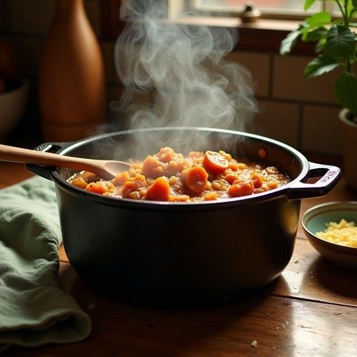 Ångande mustig gryta i gjutjärnsgryta på köksbord